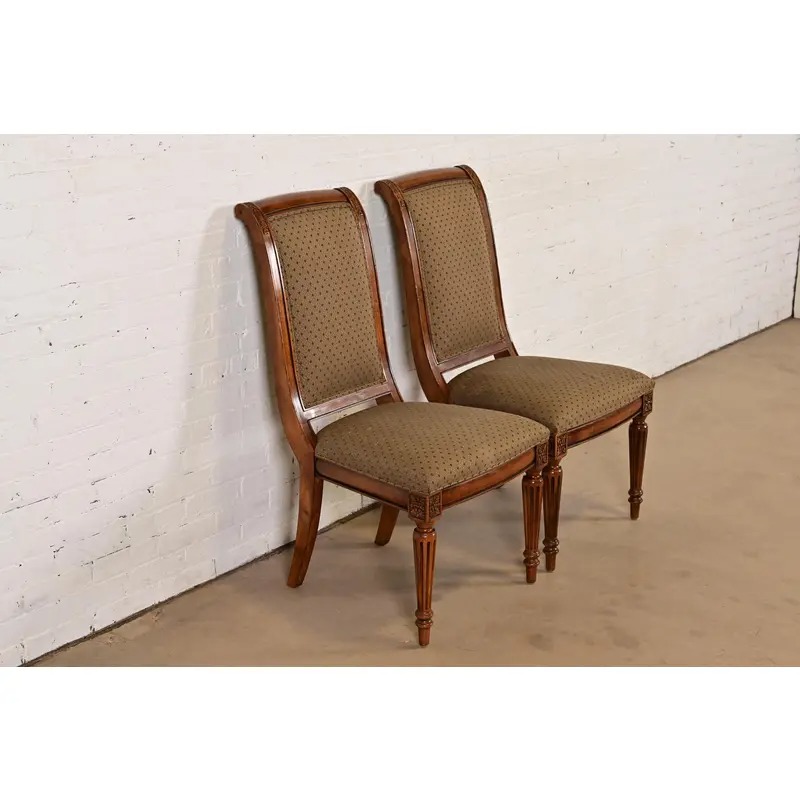 Ethan Allen French Regency Louis XVI Carved Cherry Wood Upholstered Side Chairs or Dining Chairs, Pair - Image 4
