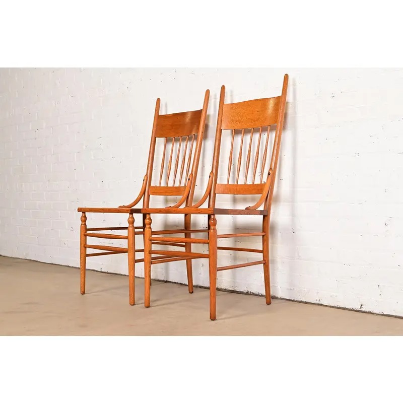 Limbert Style Antique Arts & Crafts Carved Oak Cane Seat Spindle Back Side Chairs or Dining Chairs, Pair - Image 4