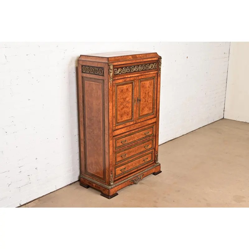 Maison Forest Style Antique French Empire Burl Wood Armoire Dresser or Gentleman's Chest With Mounted Ormolu, Circa 1880s - Image 4