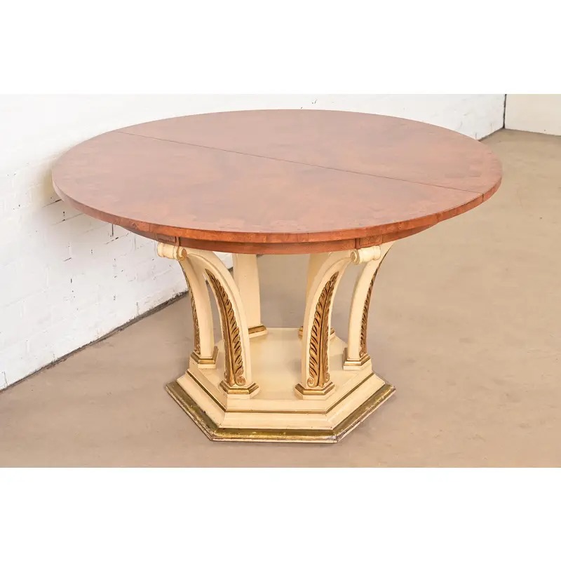 Mastercraft Italian Neoclassical Walnut and Burl Wood Parcel Gilt Pedestal Extension Dining Table - Image 4