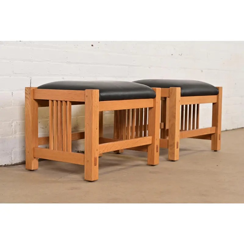 Stickley Mission Oak Arts & Crafts Stools or Ottomans, Pair - Image 4