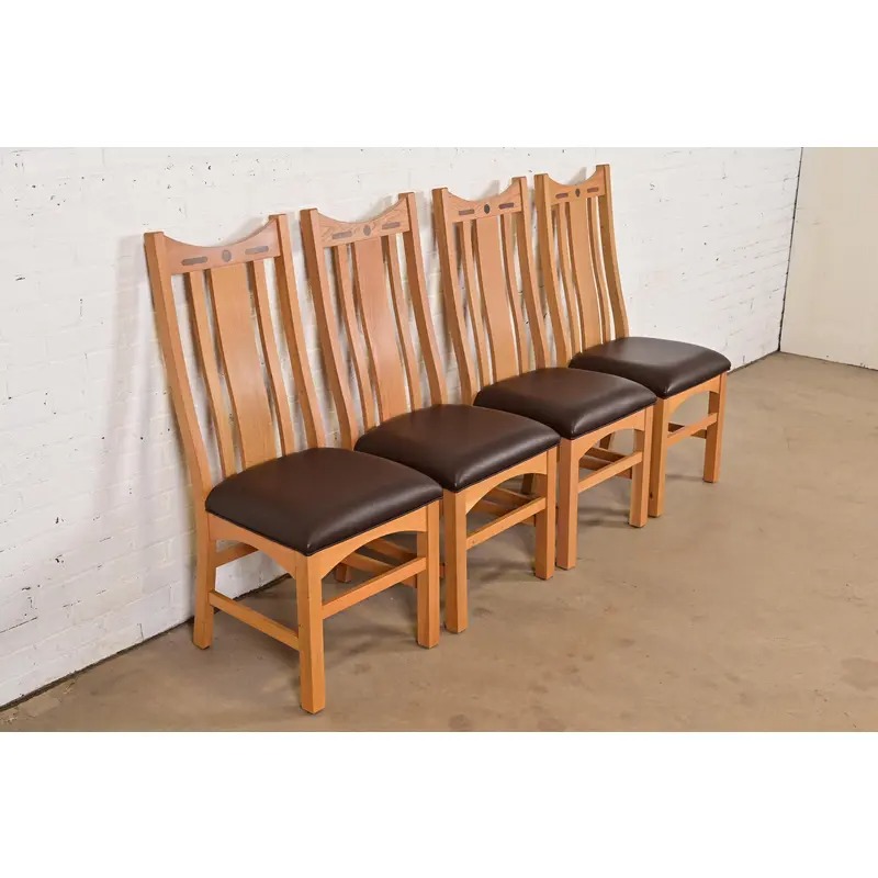 Stickley Style Mission Oak Arts & Crafts High Back Dining Chairs, Set of Four - Image 4