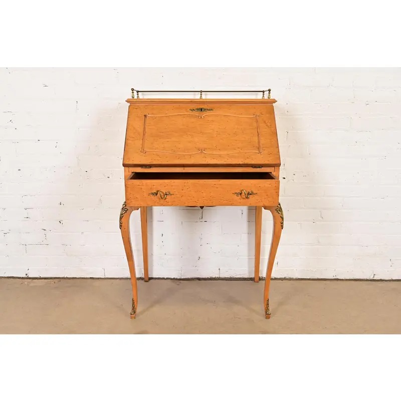 Baker Furniture Style Antique French Provincial Louis XV Birdseye Maple Drop Front Secretary Desk With Mounted Brass Ormolu, Circa 1890s - Image 5