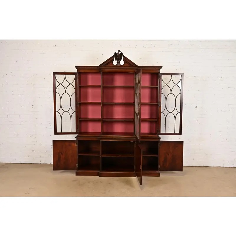 Charak Furniture Georgian Flame Mahogany Breakfront Bookcase Cabinet With Carved Eagle Finial, 1940s - Image 5