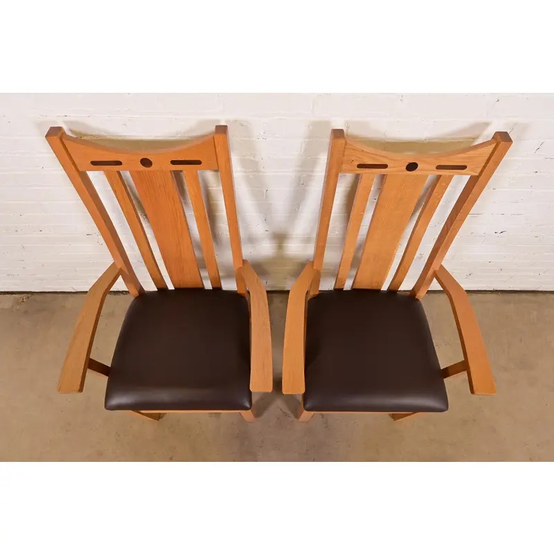 Charles Rennie Mackintosh Style Arts & Crafts Inlaid Oak High Back Armchairs, Pair - Image 5