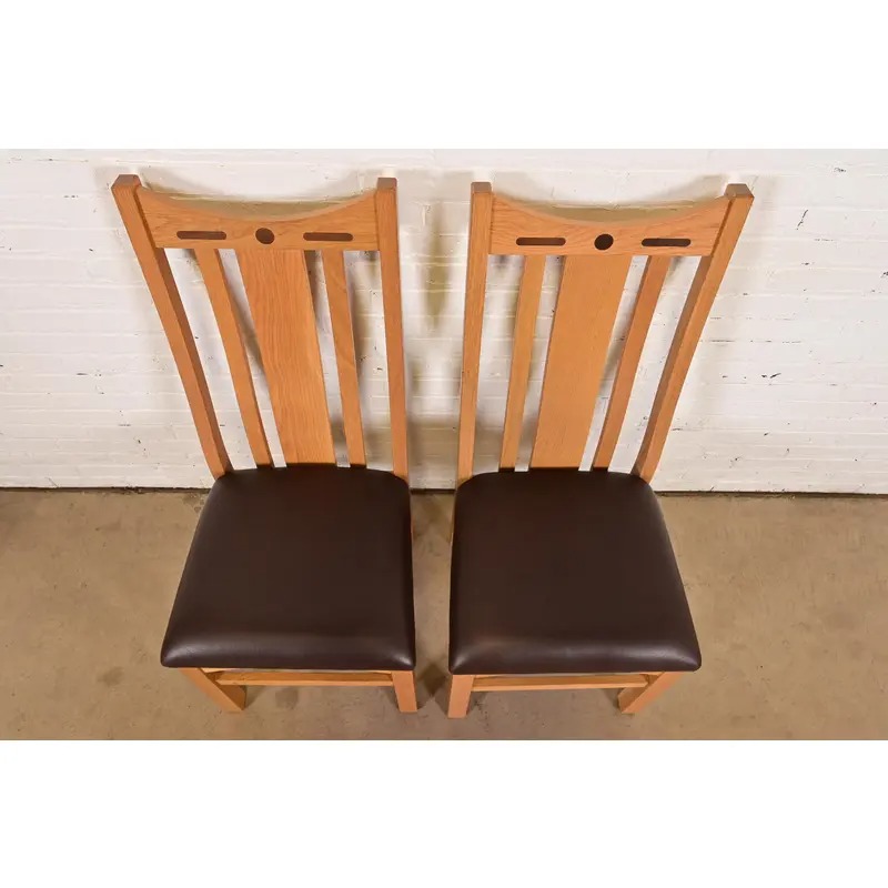 Charles Rennie Mackintosh Style Arts & Crafts Inlaid Oak High Back Side Chairs or Dining Chairs, Pair - Image 4