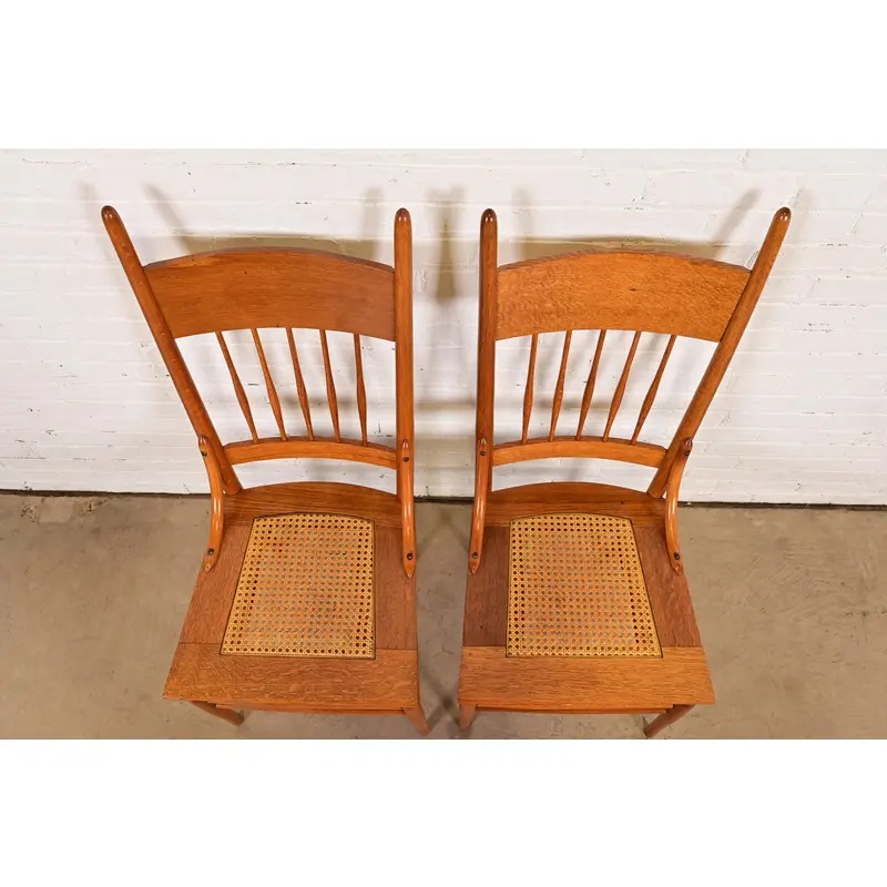 Limbert Style Antique Arts & Crafts Carved Oak Cane Seat Spindle Back Side Chairs or Dining Chairs, Pair - Image 5