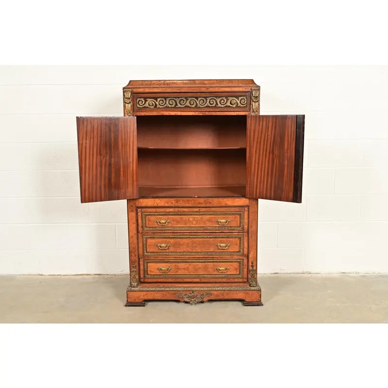 Maison Forest Style Antique French Empire Burl Wood Armoire Dresser or Gentleman's Chest With Mounted Ormolu, Circa 1880s - Image 5