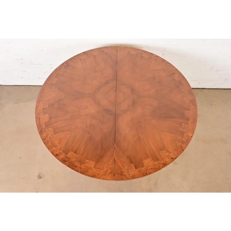 Mastercraft Italian Neoclassical Walnut and Burl Wood Parcel Gilt Pedestal Extension Dining Table - Image 5