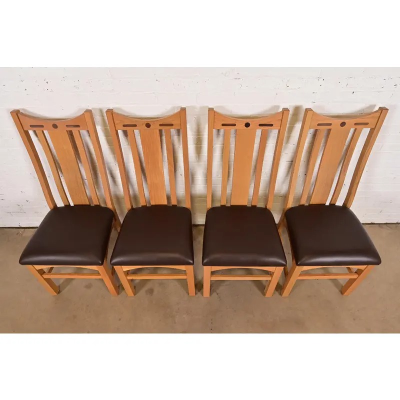 Stickley Style Mission Oak Arts & Crafts High Back Dining Chairs, Set of Four - Image 5