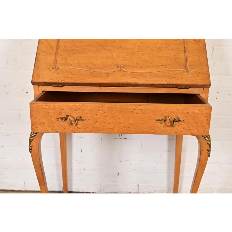Baker Furniture Style Antique French Provincial Louis XV Birdseye Maple Drop Front Secretary Desk With Mounted Brass Ormolu, Circa 1890s - Image 6