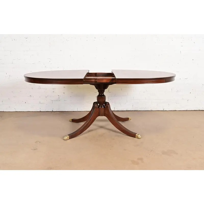 Baker Furniture Style Georgian Carved Mahogany Pedestal Extension Dining Table, Newly Refinished - Image 6