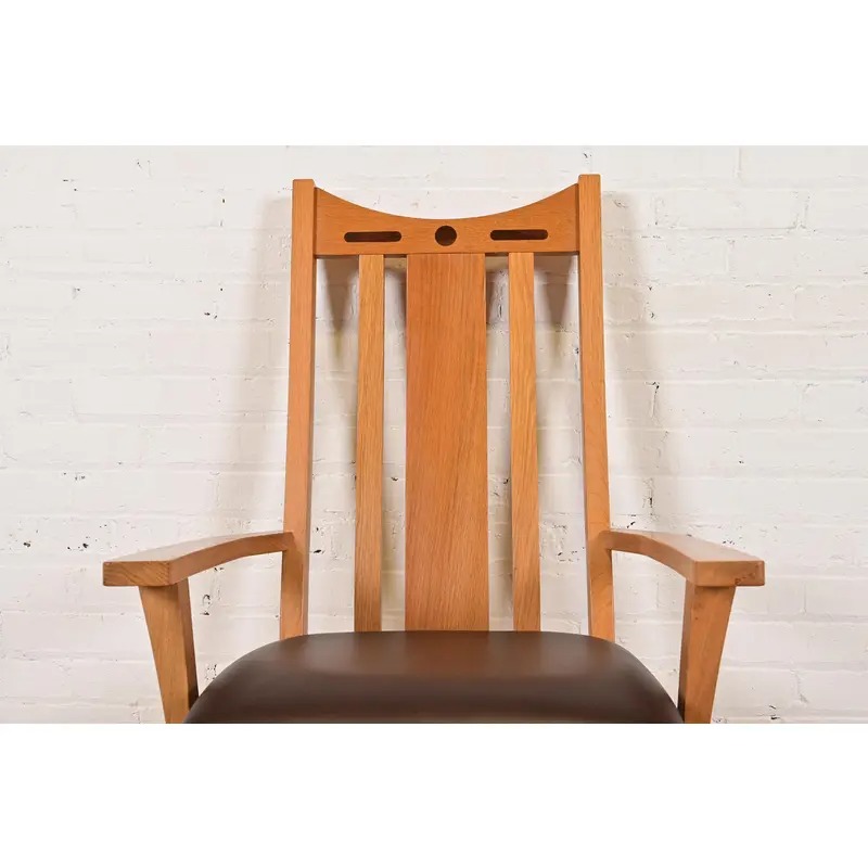 Charles Rennie Mackintosh Style Arts & Crafts Inlaid Oak High Back Armchairs, Pair - Image 6