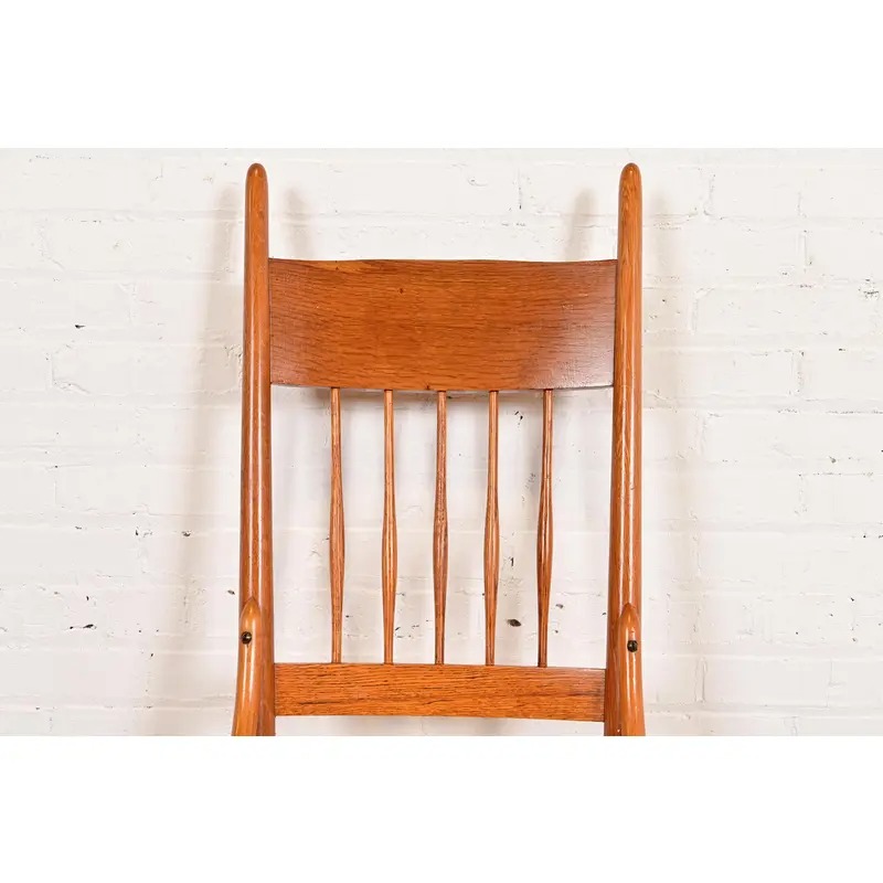 Limbert Style Antique Arts & Crafts Carved Oak Cane Seat Spindle Back Side Chairs or Dining Chairs, Pair - Image 6