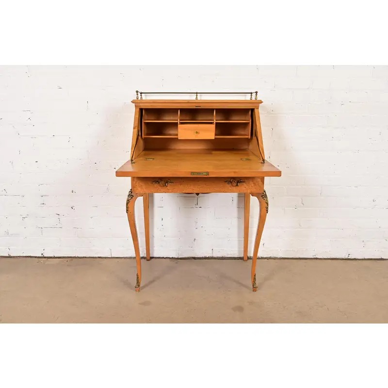 Baker Furniture Style Antique French Provincial Louis XV Birdseye Maple Drop Front Secretary Desk With Mounted Brass Ormolu, Circa 1890s - Image 7
