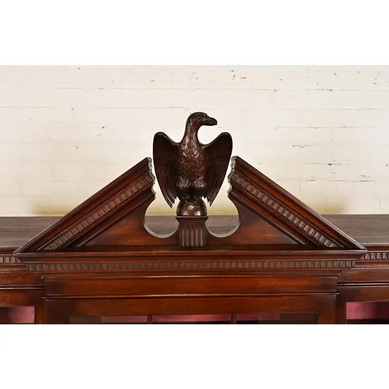 Charak Furniture Georgian Flame Mahogany Breakfront Bookcase Cabinet With Carved Eagle Finial, 1940s - Image 7
