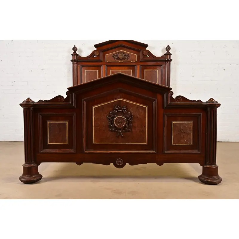 Herter Brothers Style Antique Victorian Carved Walnut and Burl Wood Full Size Bed, Circa 1880s - Image 7