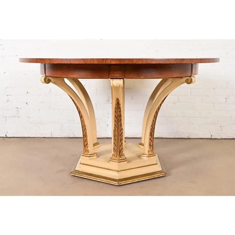 Mastercraft Italian Neoclassical Walnut and Burl Wood Parcel Gilt Pedestal Extension Dining Table - Image 7