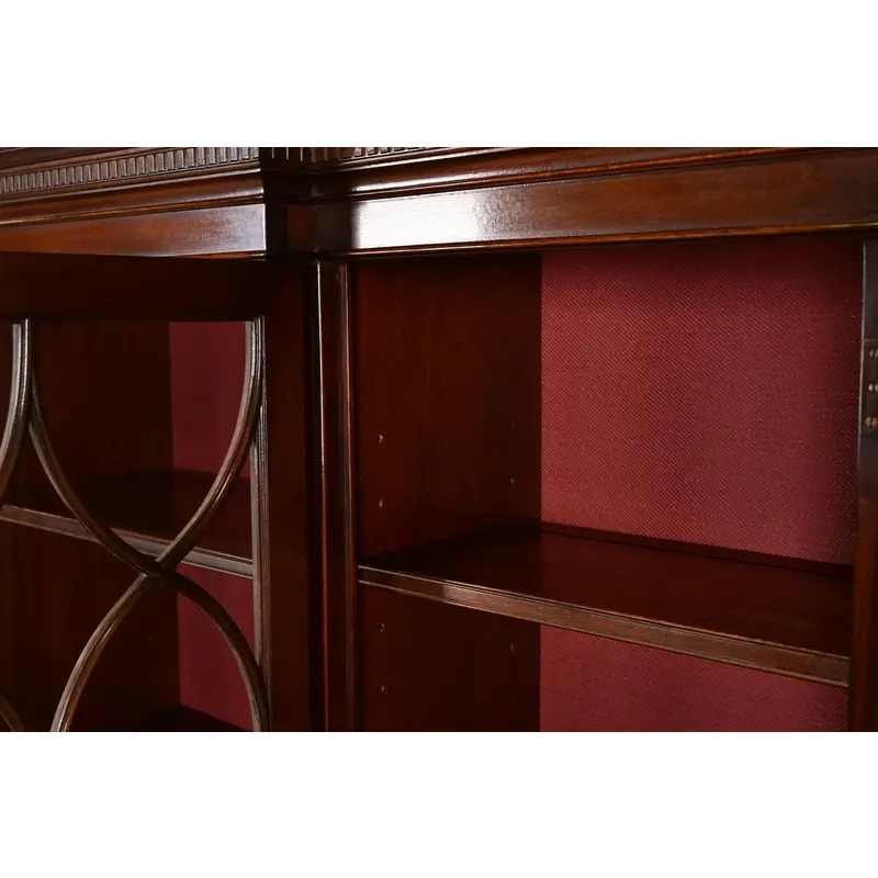 Charak Furniture Georgian Flame Mahogany Breakfront Bookcase Cabinet With Carved Eagle Finial, 1940s - Image 8
