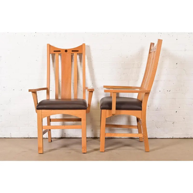 Charles Rennie Mackintosh Style Arts & Crafts Inlaid Oak High Back Armchairs, Pair - Image 8
