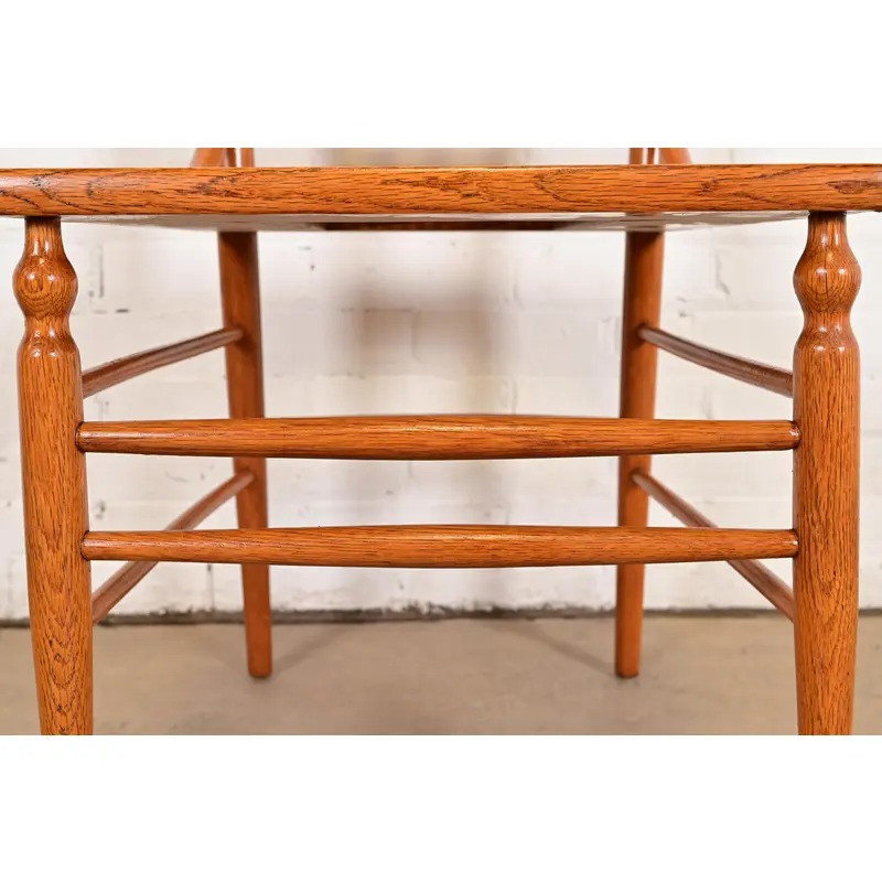 Limbert Style Antique Arts & Crafts Carved Oak Cane Seat Spindle Back Side Chairs or Dining Chairs, Pair - Image 8