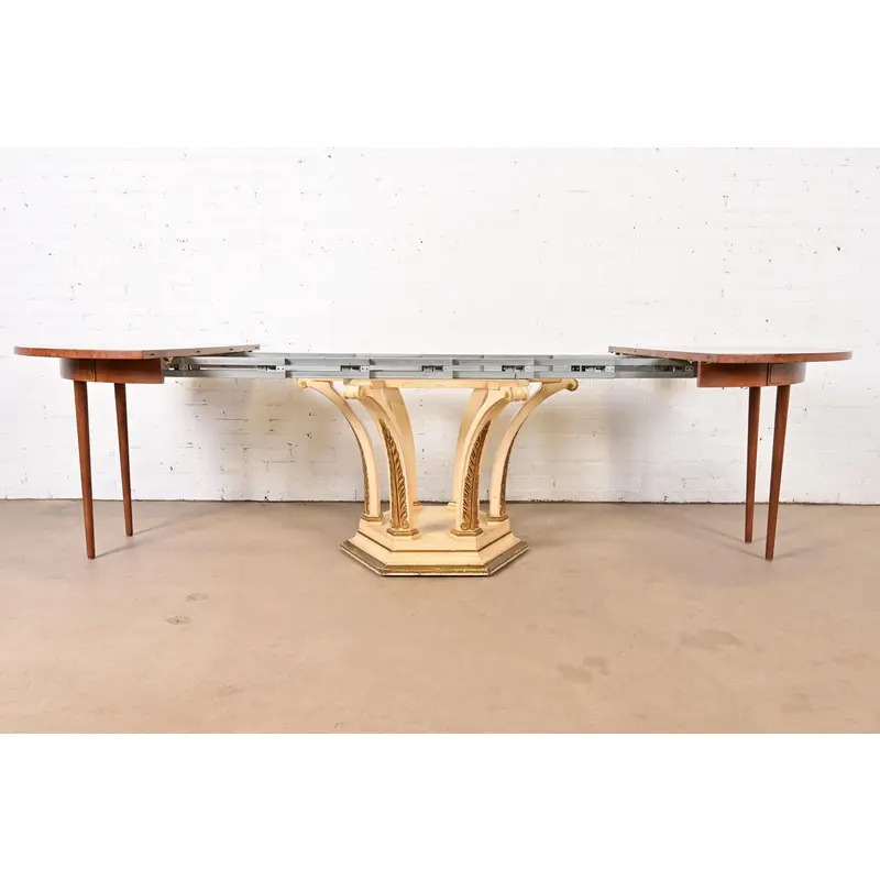 Mastercraft Italian Neoclassical Walnut and Burl Wood Parcel Gilt Pedestal Extension Dining Table - Image 8