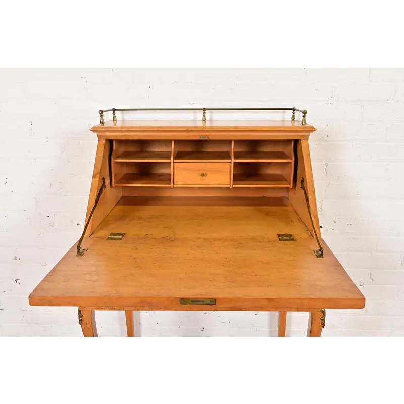 Baker Furniture Style Antique French Provincial Louis XV Birdseye Maple Drop Front Secretary Desk With Mounted Brass Ormolu, Circa 1890s - Image 9