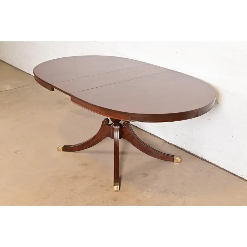 Baker Furniture Style Georgian Carved Mahogany Pedestal Extension Dining Table, Newly Refinished - Image 9