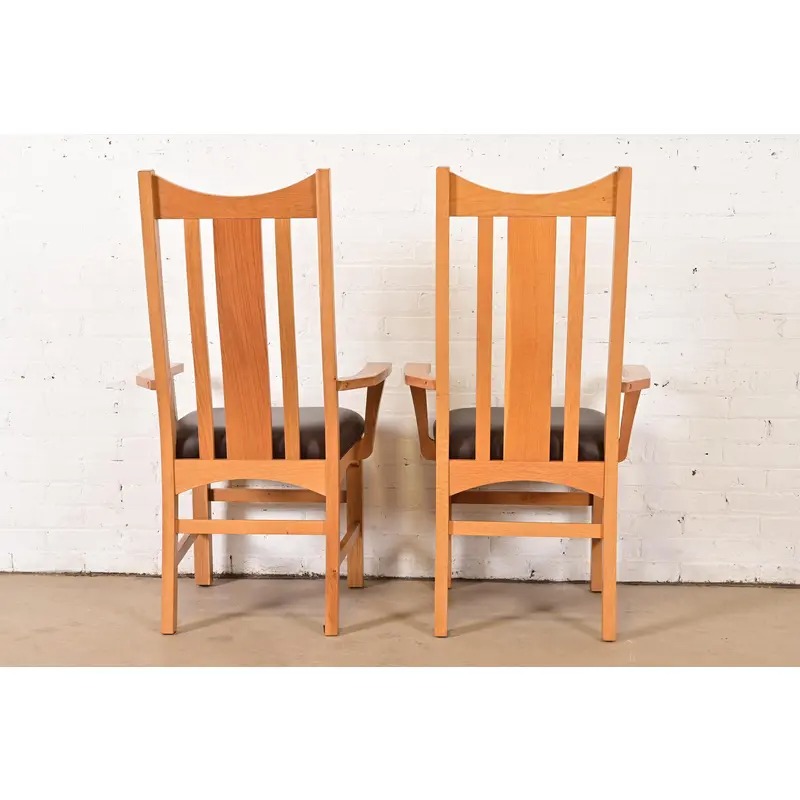 Charles Rennie Mackintosh Style Arts & Crafts Inlaid Oak High Back Armchairs, Pair - Image 9