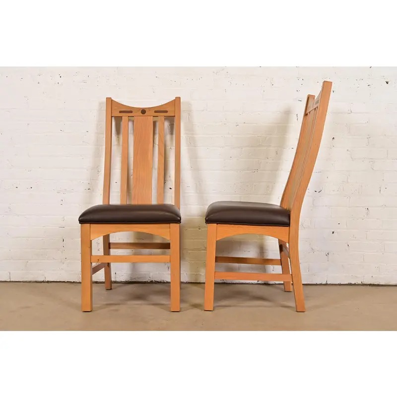 Charles Rennie Mackintosh Style Arts & Crafts Inlaid Oak High Back Side Chairs or Dining Chairs, Pair - Image 8