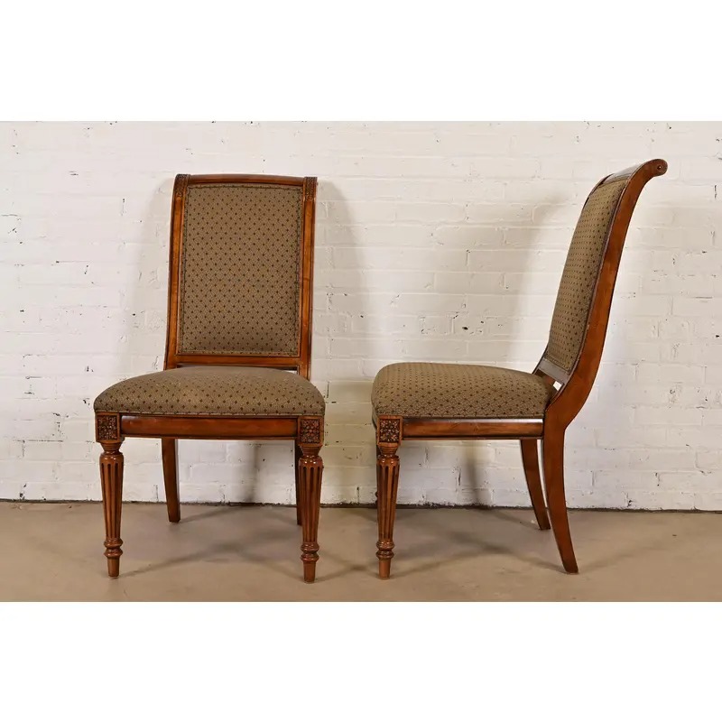 Ethan Allen French Regency Louis XVI Carved Cherry Wood Upholstered Side Chairs or Dining Chairs, Pair - Image 9