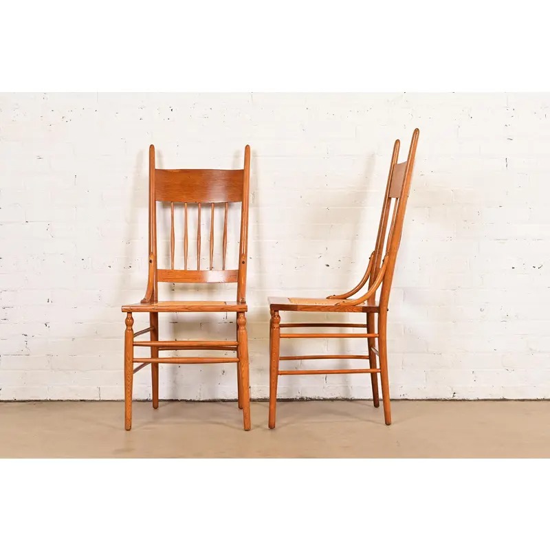 Limbert Style Antique Arts & Crafts Carved Oak Cane Seat Spindle Back Side Chairs or Dining Chairs, Pair - Image 9