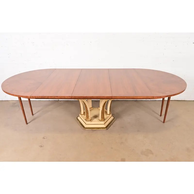 Mastercraft Italian Neoclassical Walnut and Burl Wood Parcel Gilt Pedestal Extension Dining Table - Image 9