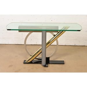 Kaizo Oto for Design Institute of America Postmodern Sculptural Steel and Brass Glass Top Console Table, 1980s