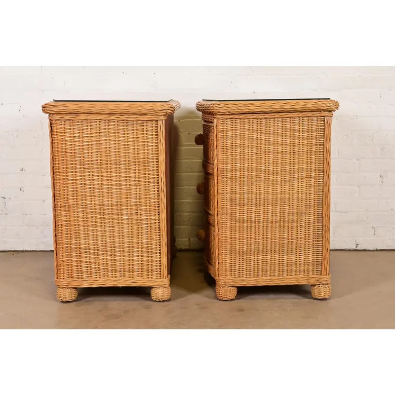 Ralph Lauren Style Organic Modern Woven Wicker Rattan Bedside Chests, Pair - Image 10