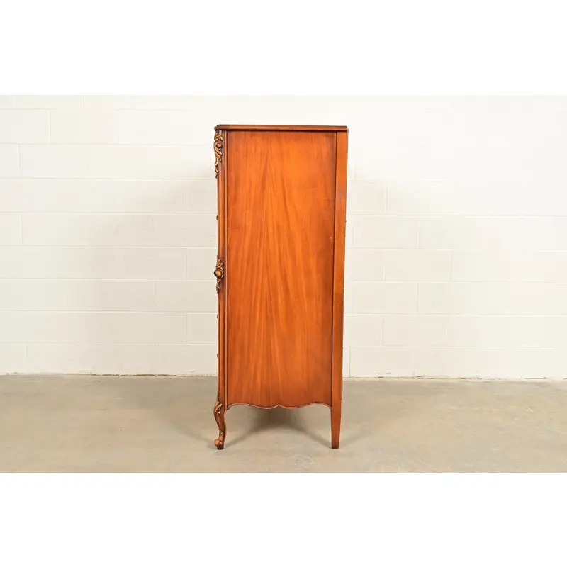 Romweber Style Antique French Provincial Louis XV Carved Satinwood and Burl Wood Highboy Dresser, Circa 1920s - Image 10