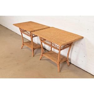 Ralph Lauren Safari Collection Organic Modern Woven Wicker Rattan Nightstands, Pair