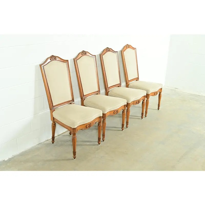 Baker Furniture Style French Regency Louis XVI Carved Walnut Dining Chairs, Set of Four
