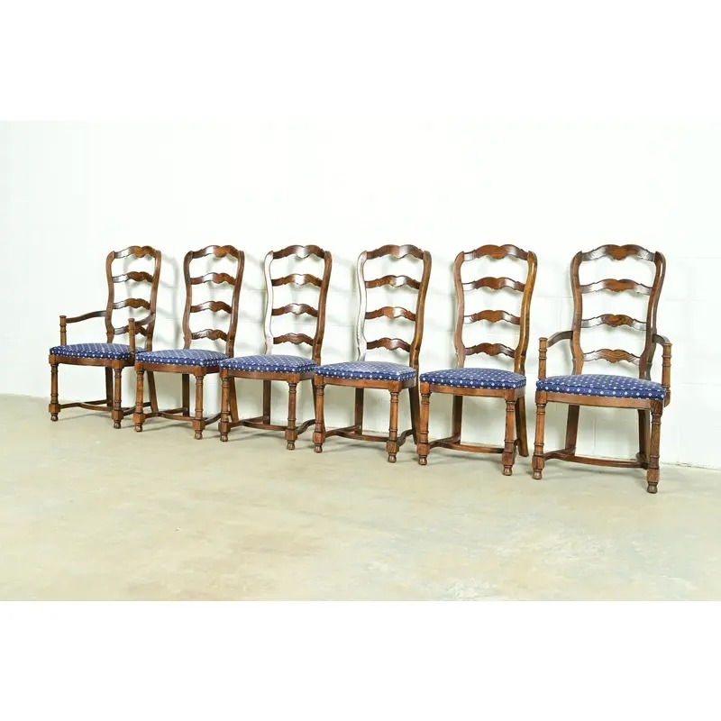 Century Furniture French Country Carved Solid Oak Ladder Back Side Chairs or Dining Chairs, Pair - Image 12