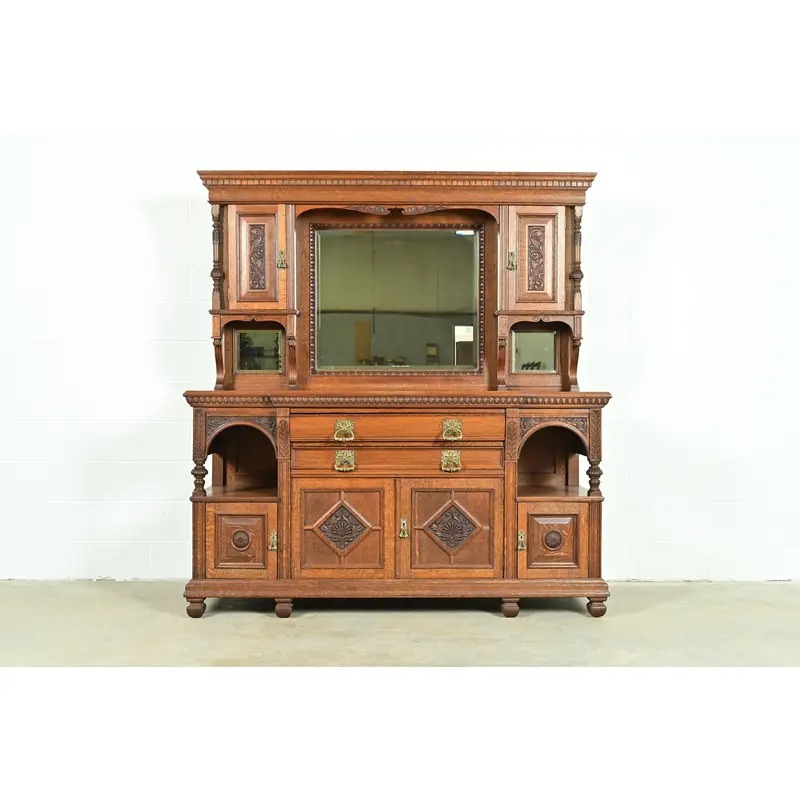 Herter Brothers Style Antique English Victorian Carved Oak Mirrored Back Bar or Sideboard, Circa 1890s