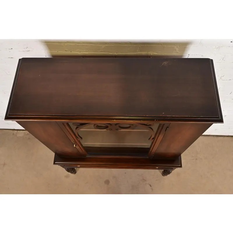Limbert English Jacobean Carved Walnut and Burl Wood Bookcase or Bar Cabinet, Circa 1920s - Image 12