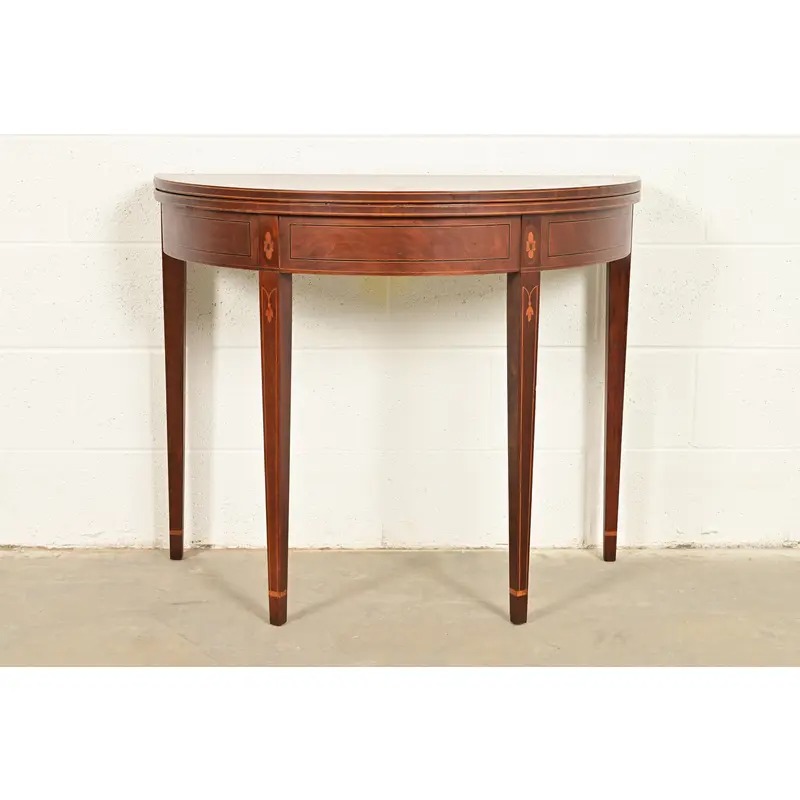 Baker Furniture Federal Inlaid Mahogany Flip-Top Demilune Console Table or Entry Table