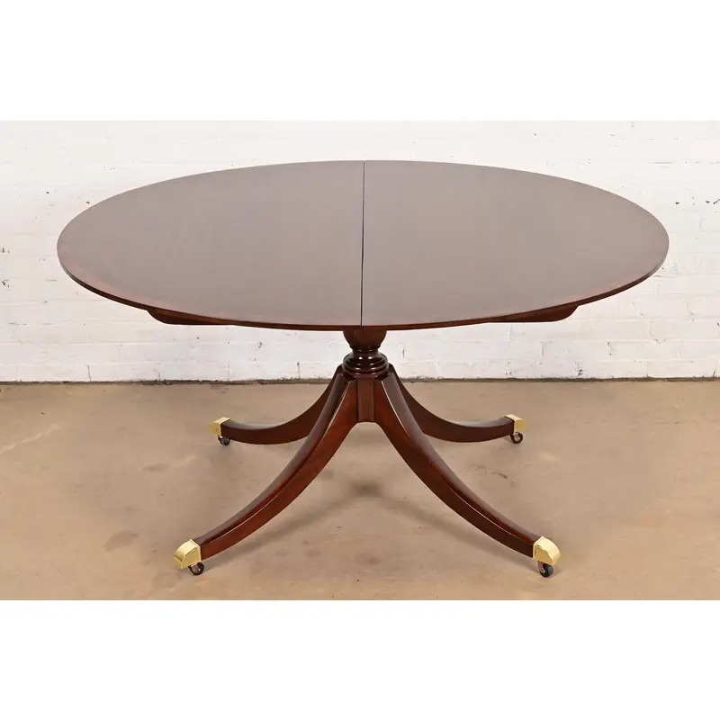 Baker Furniture Georgian Banded Mahogany Pedestal Extension Dining Table, Newly Refinished