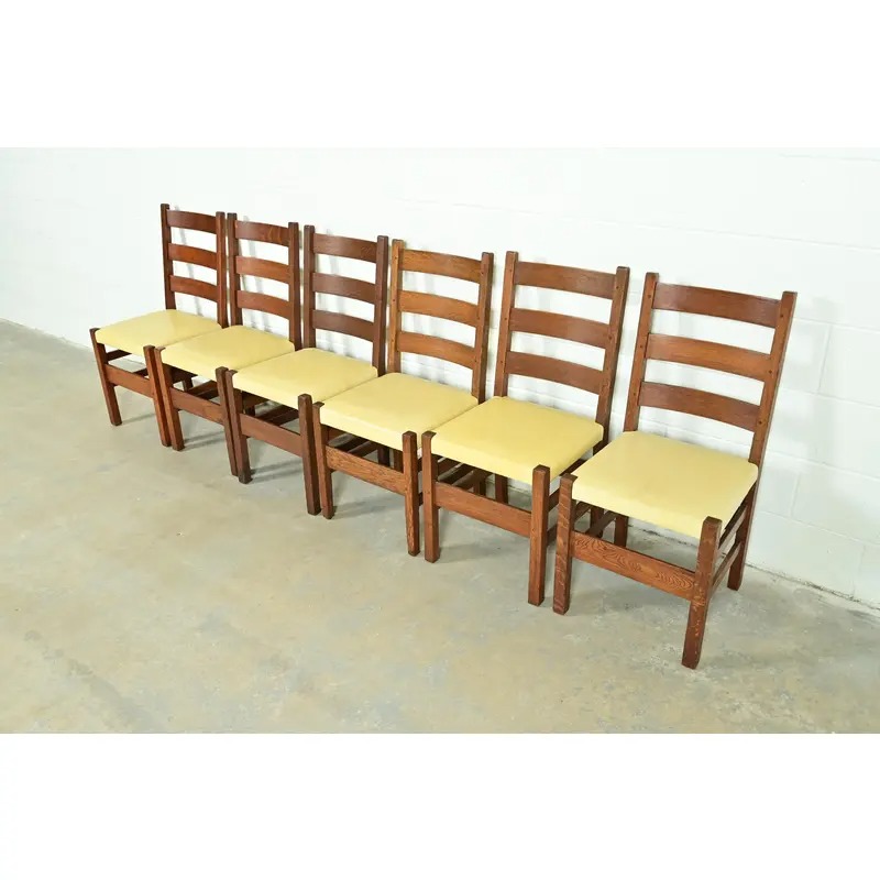 Gustav Stickley Antique Mission Oak Arts & Crafts Ladder Back Dining Chairs, Set of Six