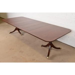Kindel Furniture Georgian Banded Mahogany Double Pedestal Extension Dining Table, Newly Refinished