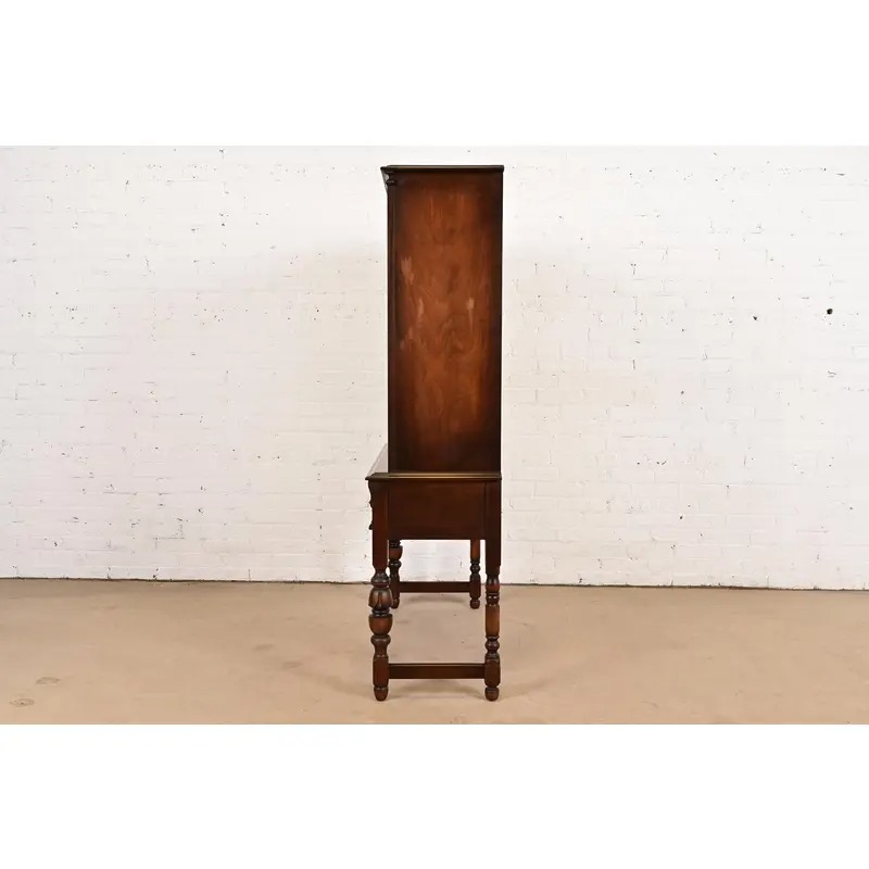 Limbert English Jacobean Carved Walnut and Burl Wood Bookcase or Bar Cabinet, Circa 1920s - Image 13