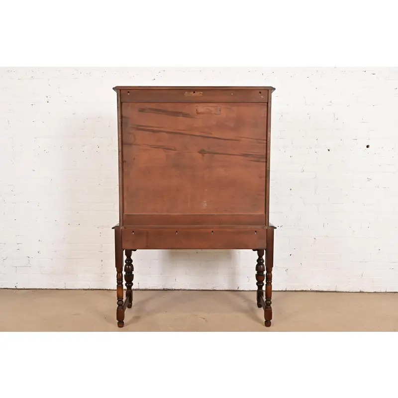 Limbert English Jacobean Carved Walnut and Burl Wood Bookcase or Bar Cabinet, Circa 1920s - Image 14