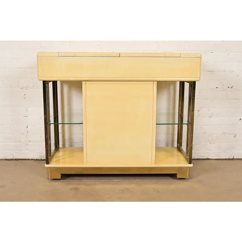 Romweber Mid-Century Modern Hollywood Regency Cream Lacquered and Brass Flip Top Buffet Server or Bar Cart, Circa 1960s - Image 14