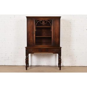 Limbert English Jacobean Carved Walnut and Burl Wood Bookcase or Bar Cabinet, Circa 1920s