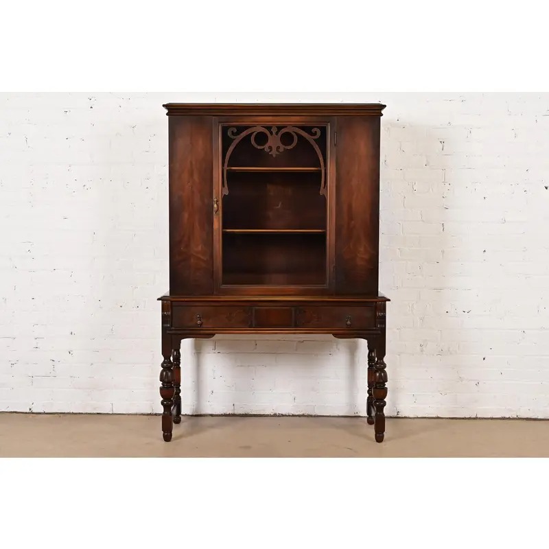 Limbert English Jacobean Carved Walnut and Burl Wood Bookcase or Bar Cabinet, Circa 1920s